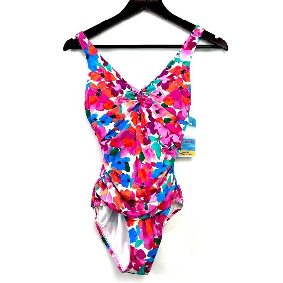 Swim Solutions Twist Front Tummy Control Pink One Piece Swimsuit Size 8 1047H3 - Picture 2 of 10